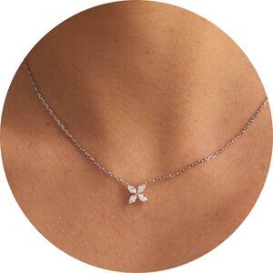 Dainty Flower Pendant Necklace for Women, 18K White Gold, Cubic Zirconia.